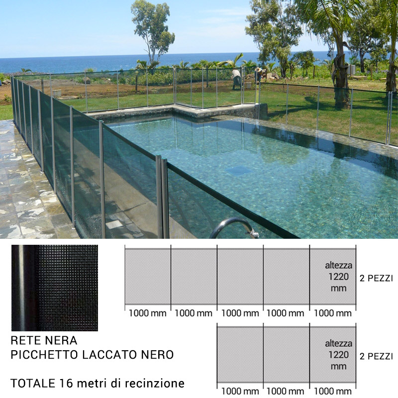 Recinzione di sicurezza in piscina BEETHOVEN MORBIDA NERA con picchetti neri - 16 metri
