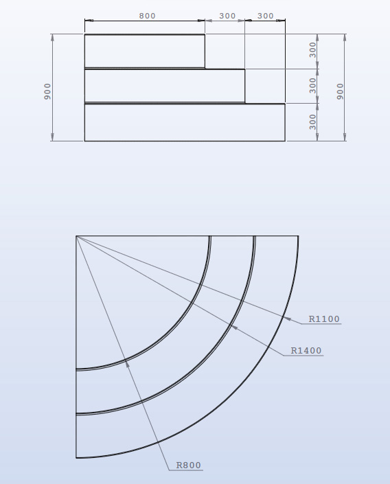 Dimensioni scala interna per piscina ad angolo curvo h 0,90 m con 3 scalini per posa su liner