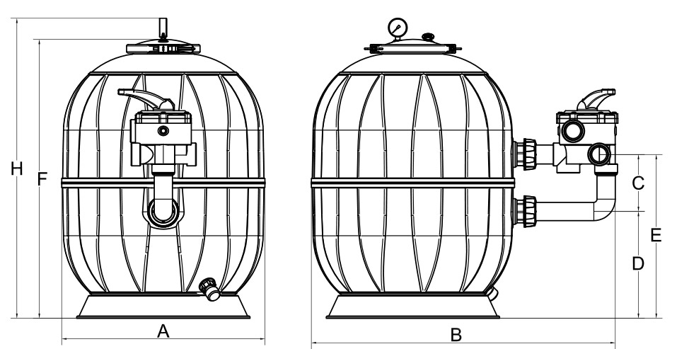 Dimensioni filtro a sabbia AQUARIUS con valvola laterale