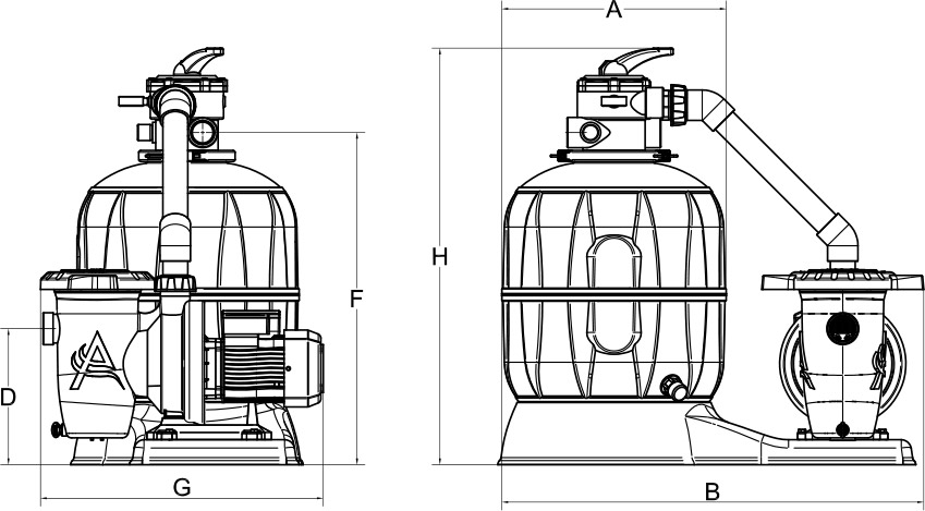 Dimensioni filtro a sabbia AQUARIUS con valvola dall'alto monoblocco