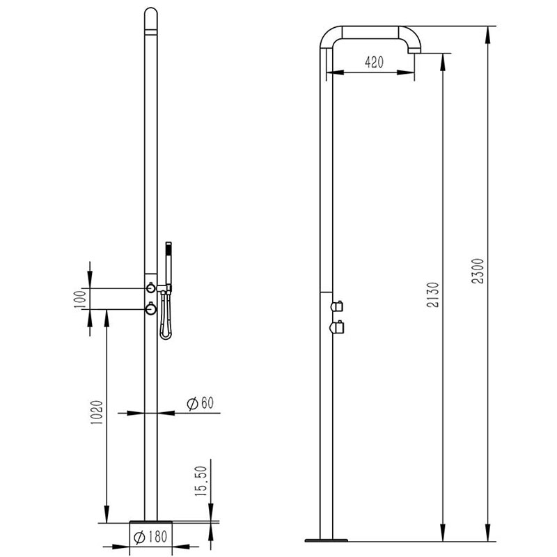 Doccia da giardino CHIA in acciaio Inox 316, misure