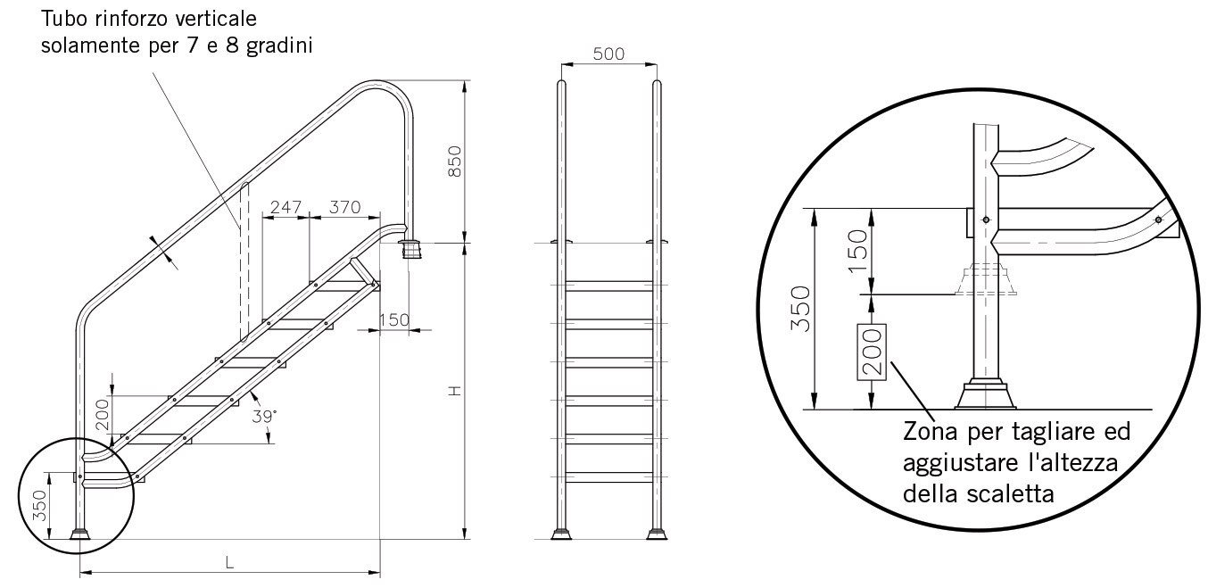 Dimensioni Scala per accesso piscina per disabili in acciaio Inox 316