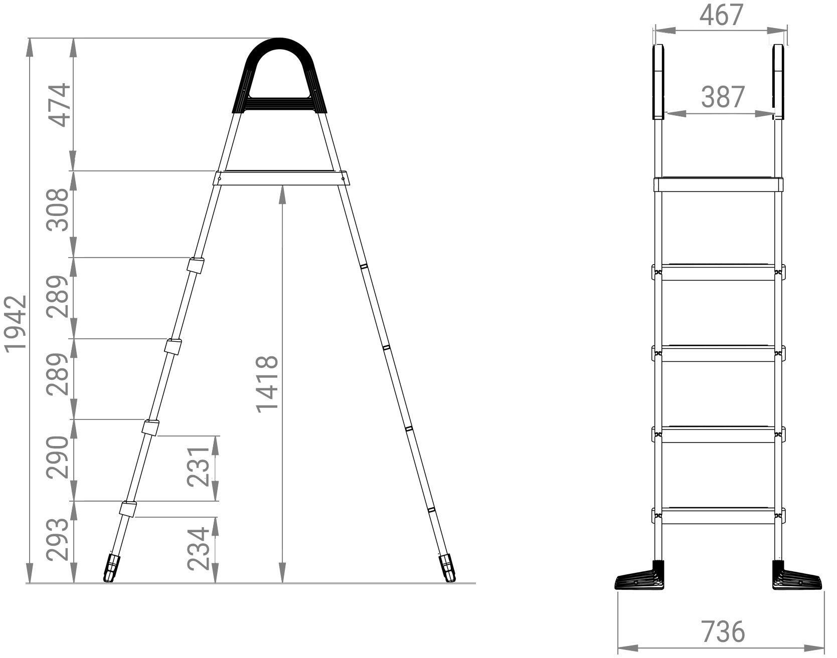 Scaletta di sicurezza in metallo 2x4 gradini h 1,40 m con piattaforma - Dimensioni