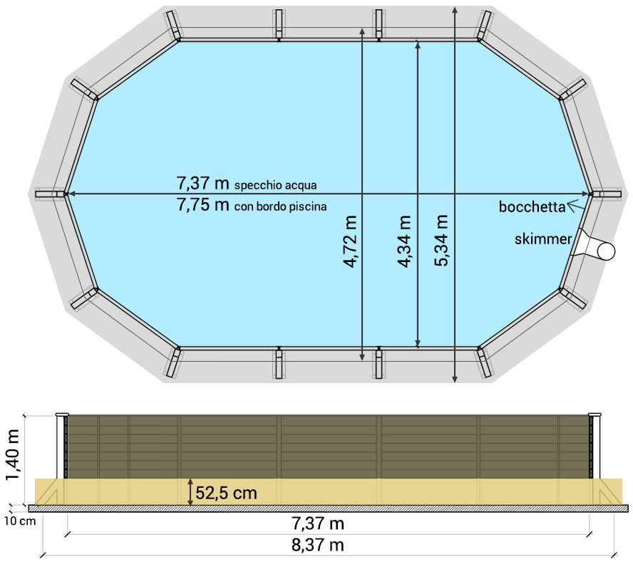 Piscina fuori terra decagono allungato Naturalis 7,75 x 4,72 x h 1,40 m