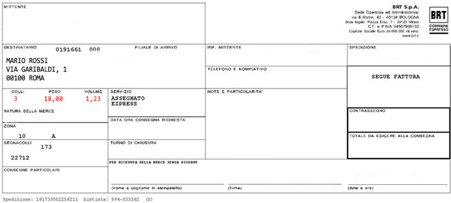 Bollettino di consegna corriere Bartolini
