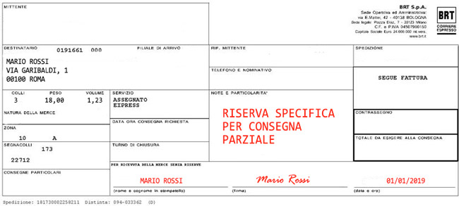 Bollettino di consegna corriere Bartolini