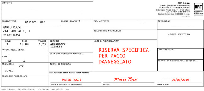 Bollettino di consegna corriere Bartolini con RISERVA SPECIFICA