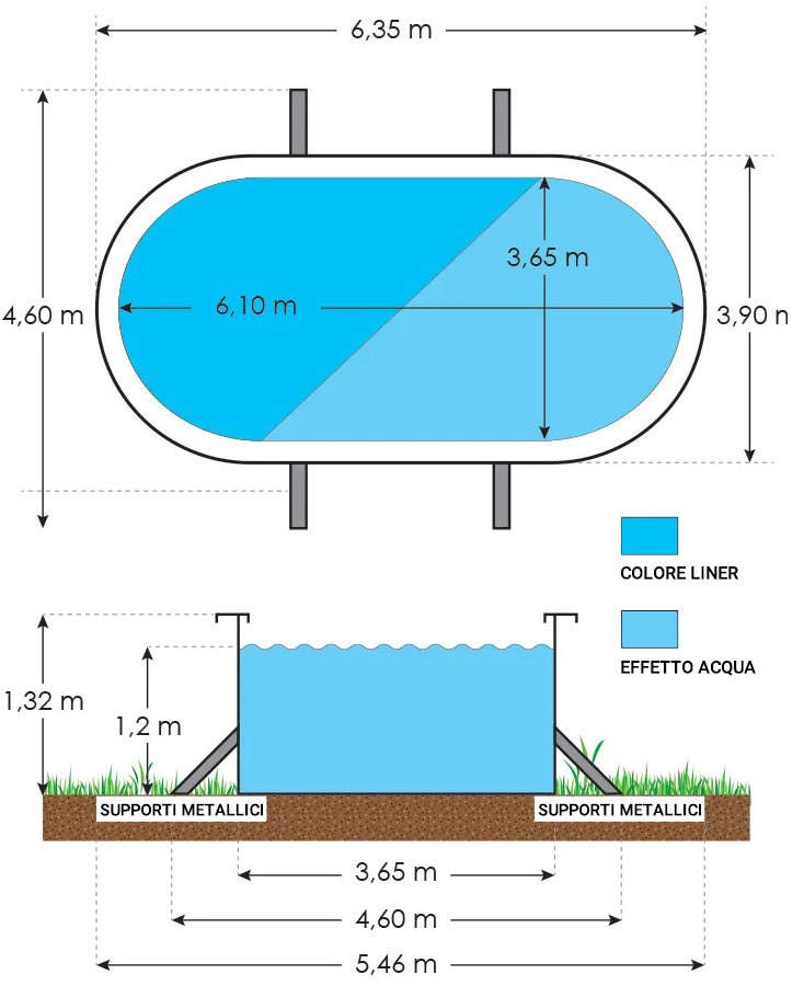 Dimensioni piscina fuori terra Ovale STEEL White - 6,10 x 3,65 x h.1,32 m