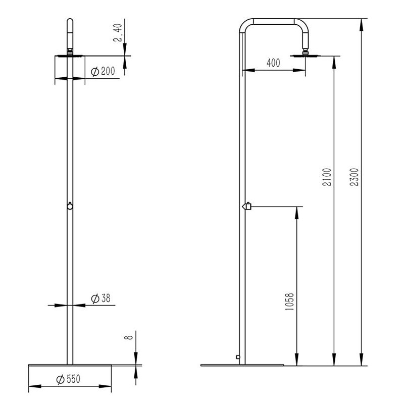 Doccia da giardino SIMIUS in acciaio Inox 316, misure