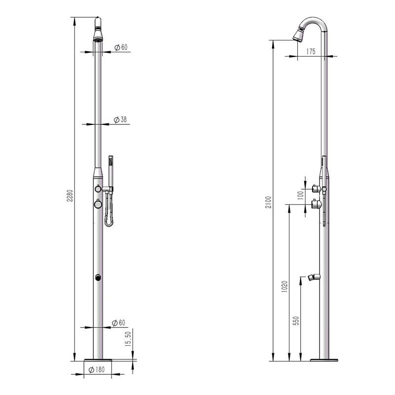 Doccia da giardino STINTINO in acciaio Inox 316, misure