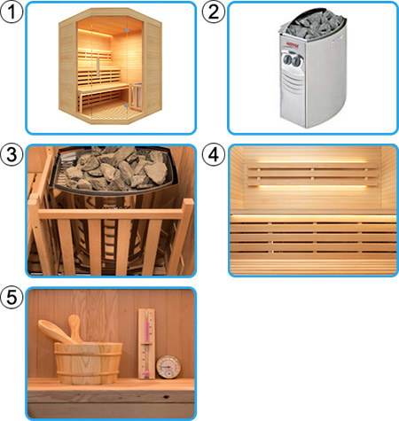 Materiale incluso Sauna finlandese tradizionale KARA angolare da 3 posti Materiale incluso Sauna finlandese tradizionale KARA angolare da 3 posti