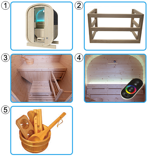 Materiale incluso sauna finlandese tradizionale da esterno GIUNONE 1-2 posti Materiale incluso sauna finlandese tradizionale da esterno GIUNONE 1-2 posti