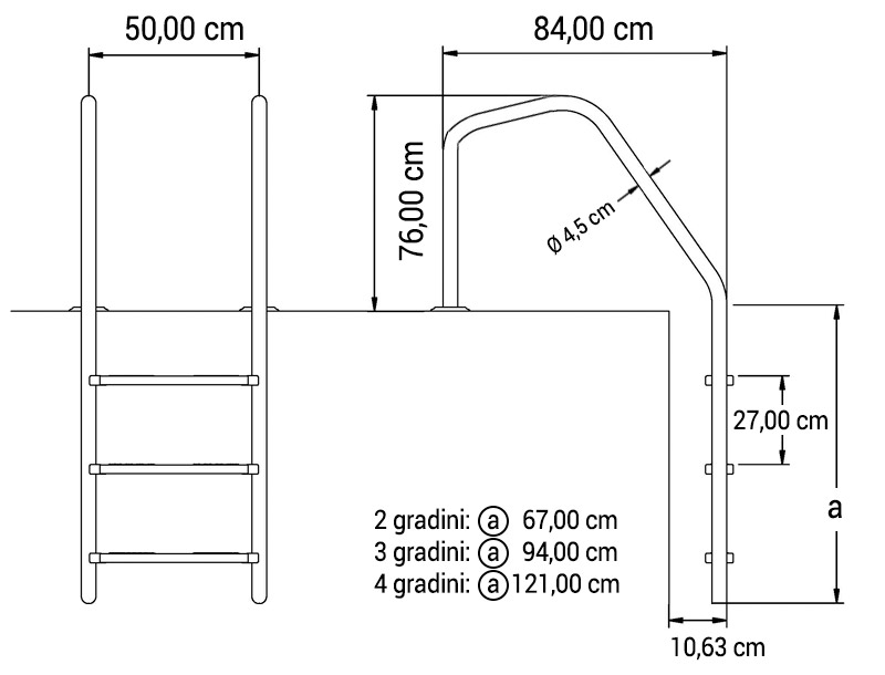 Dimensioni scaletta per piscina interrata STANDARD in acciaio Inox 304