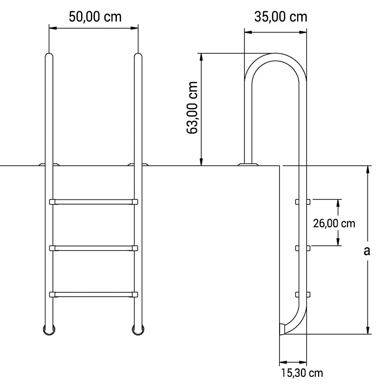 Dimensioni scaletta per piscina interrata STANDARD in acciaio Inox 304