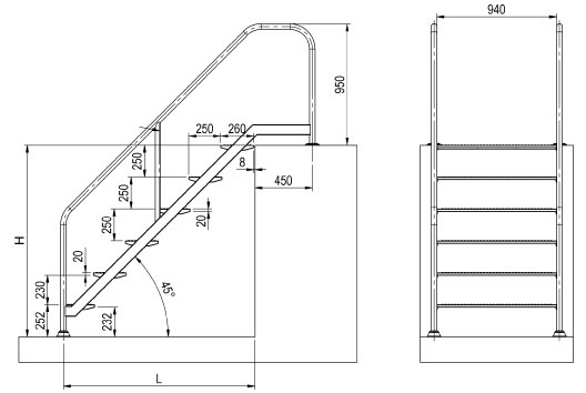 Dimensioni Scala per accesso piscina per disabili in acciaio Inox 316