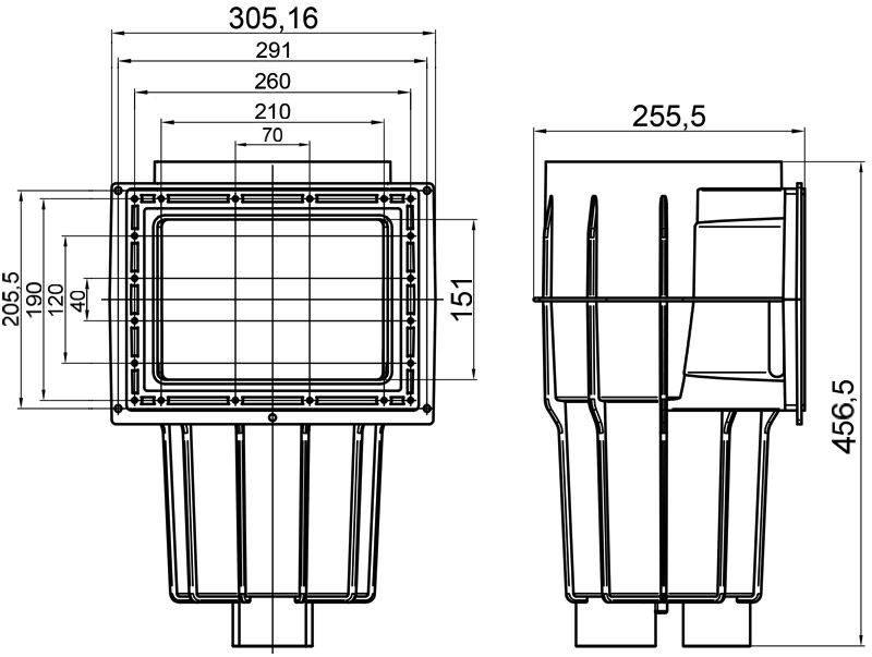 Dimensioni skimmer nascosto in ABS Ã˜50F-63M per pannelli e cemento con rivestimento in PVC
