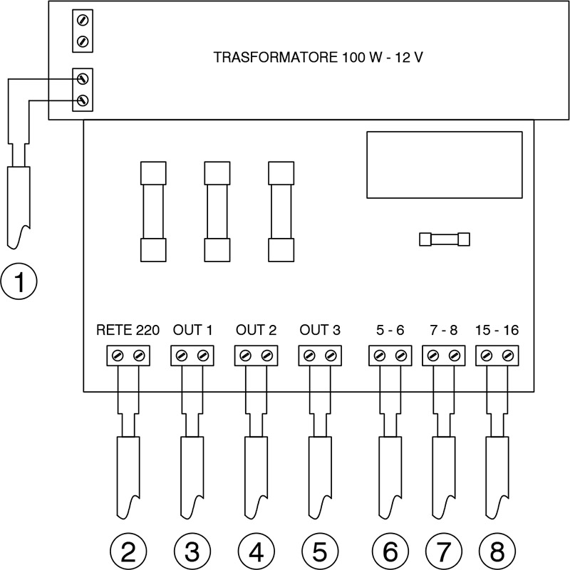 Specifiche Morsetti quadro elettrico T-CONTROL 1 con trasformatore fari