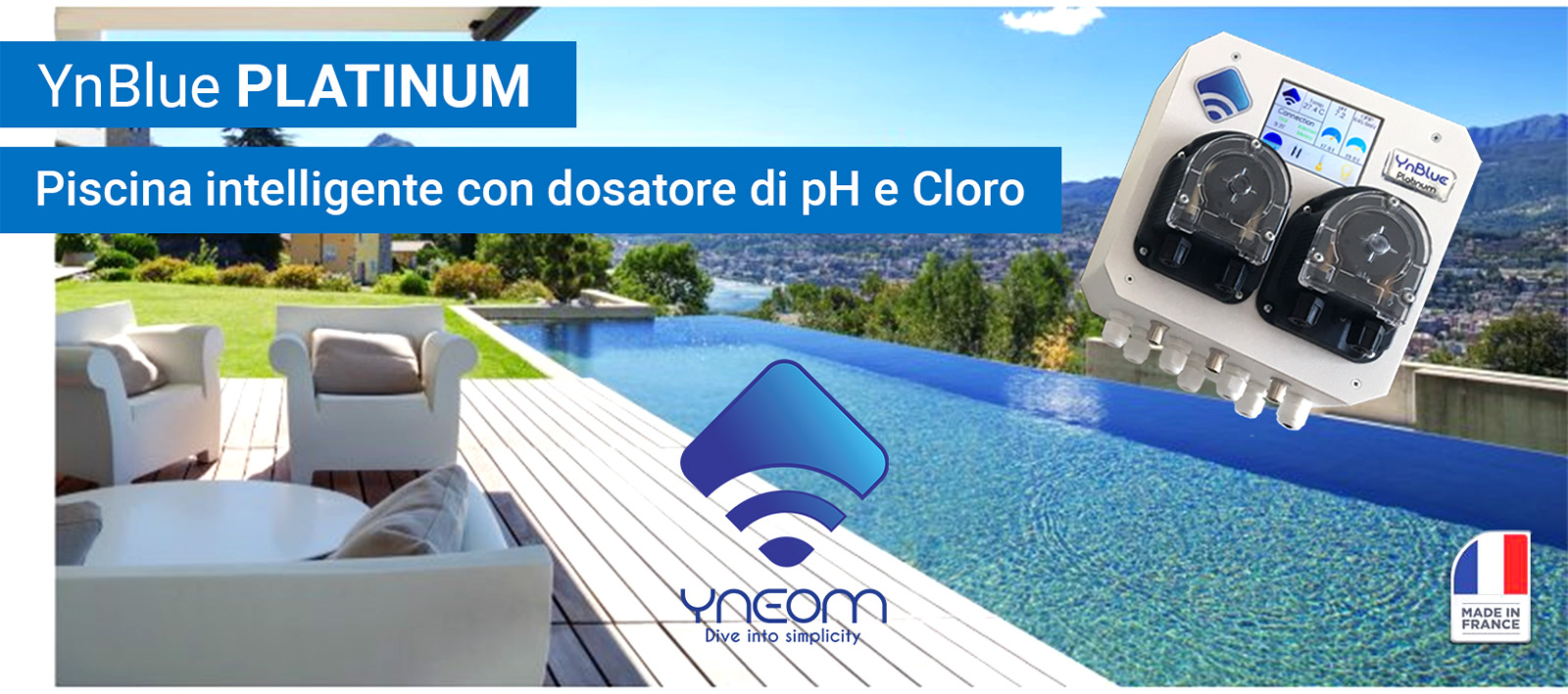 Primo piano per Piscina intelligente YnBlue Platinum con dosaggio pH e Cloro