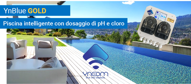 Primo piano per Piscina intelligente YnBlue Gold con dosaggio pH e Cloro