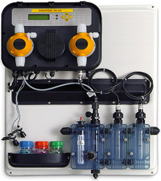Pannello preassemblato A-POOL SYSTEM per piscine pubbliche per regolazione e controllo pH e Rx