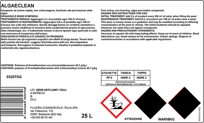 Etichetta CLP antialghe piscina non schiumogeno ALGAECLEAN 25 L