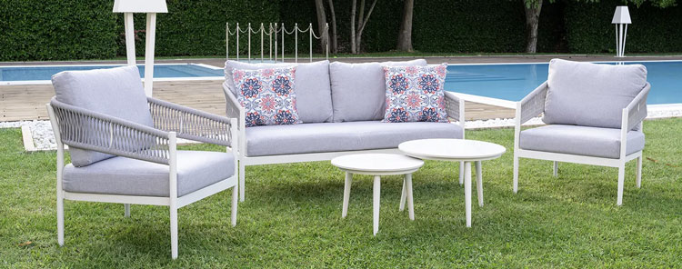 Salotto da giardino in alluminio ARIANNA con divano, poltrone e tavolini