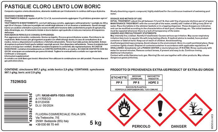 Etichetta CLP cloro a lenta dissoluzione per piscina
