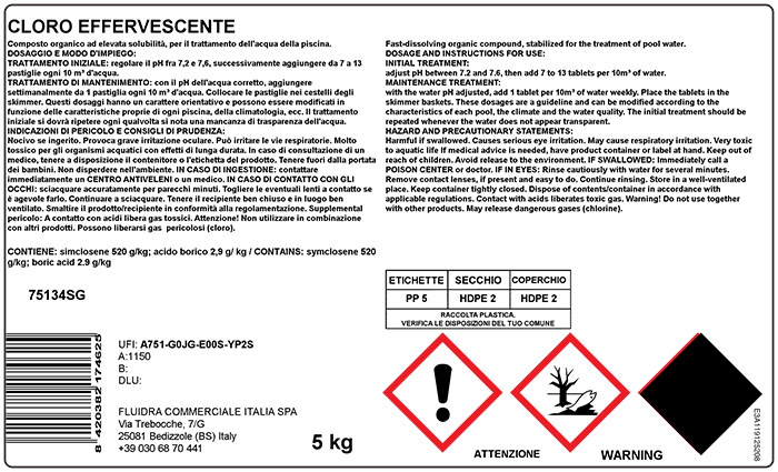 Etichetta CLP cloro effervescente chiarificante per piscina