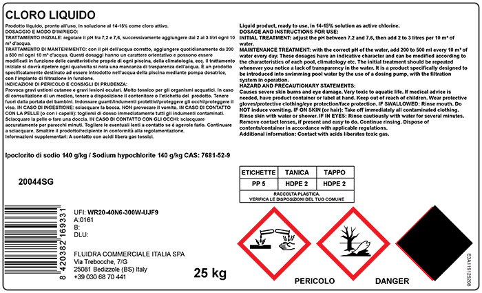 Etichetta CLP cloro liquido per piscina