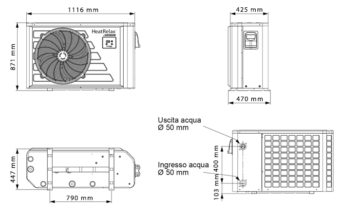 dimensioni pompa di calore heat relax hatward