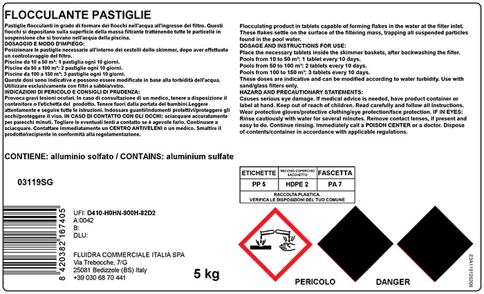 Etichetta CLP flocculante in pastiglie 100 gr per piscina