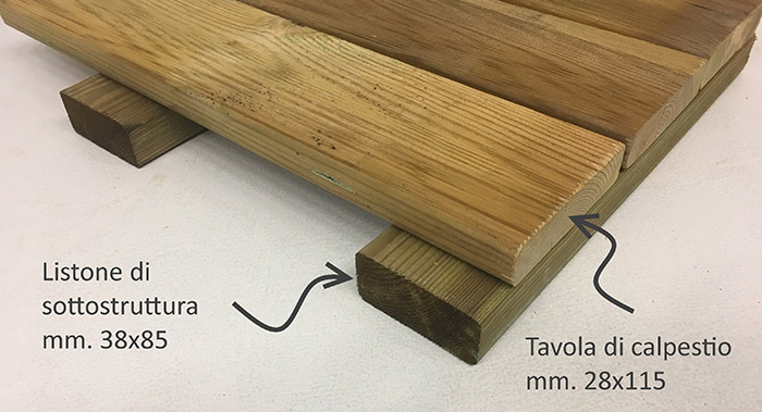 Esempio posa listone di sottostruttura e tavole di calpestio in legno di pino ECO