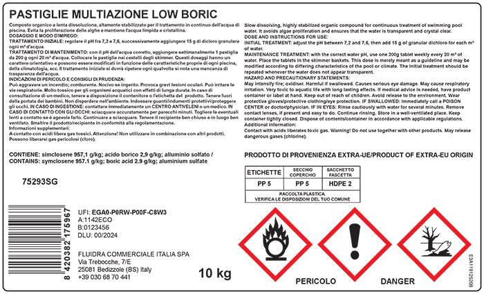 Etichetta CLP cloro multiazione per piscina a lenta dissoluzione