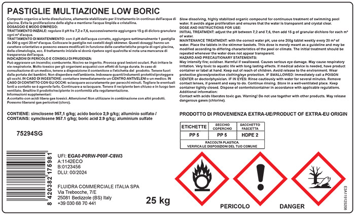Etichetta CLP cloro multiazione per piscina a lenta dissoluzione