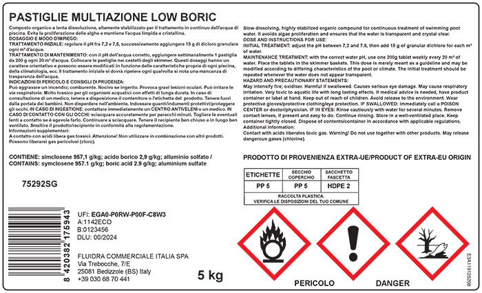 Etichetta CLP cloro multiazione per piscina a lenta dissoluzione