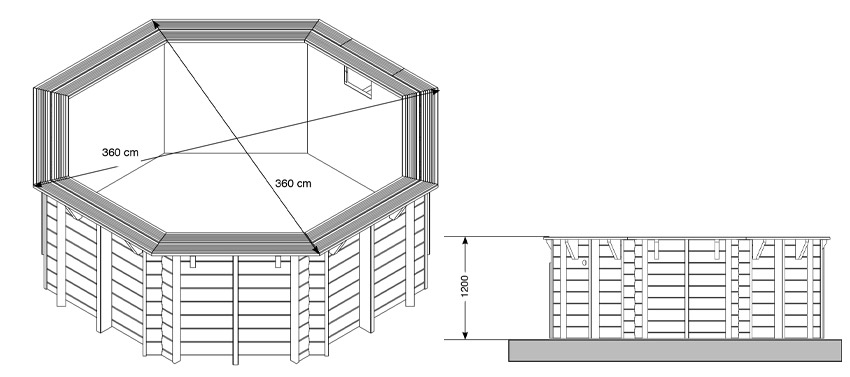 Dimensioni piscina in legno ottagonale NorthWood 360 - Ø 3,60 x h.1,20 m Dimensioni piscina in legno ottagonale NorthWood 360 - Ø 3,60 x h.1,20 m