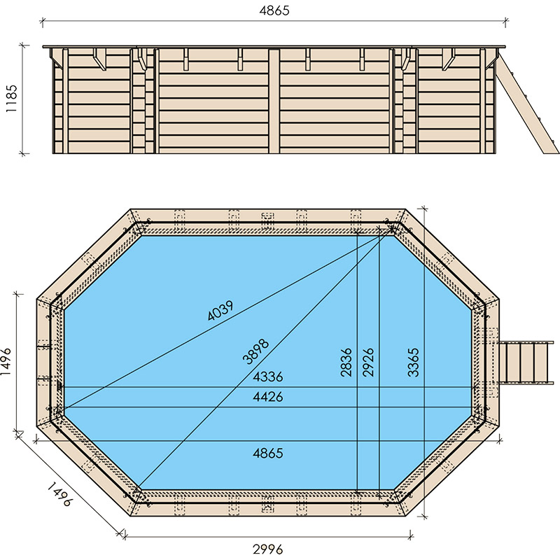 Dimensioni piscina in legno ottagonale allungata EcoWood