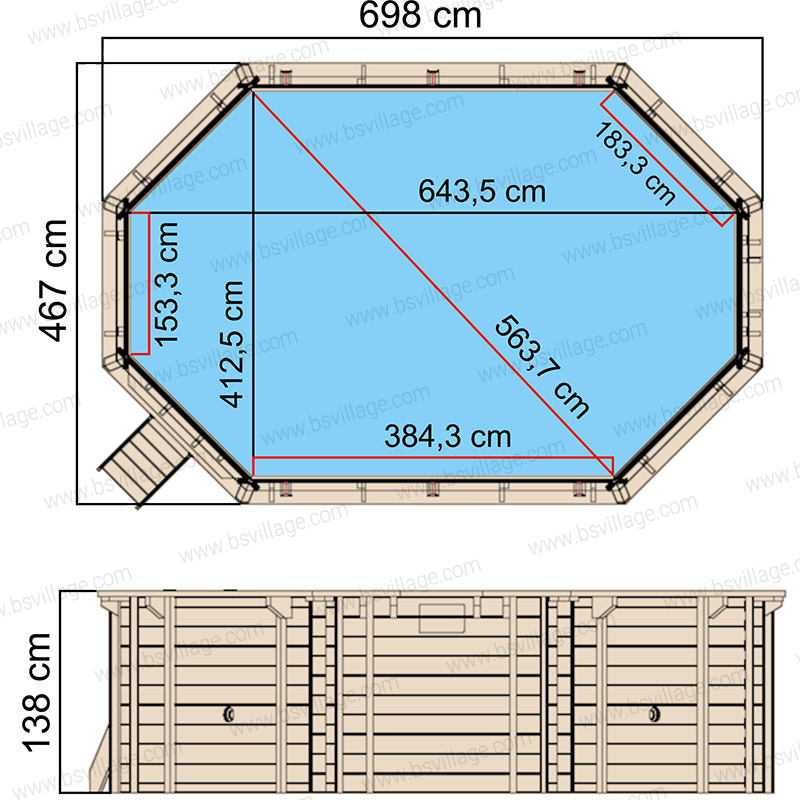 Dimensioni piscina in legno ottagonale allungata NaturalWood 700