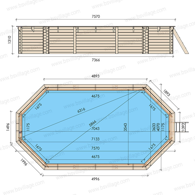 Dimensioni piscina in legno ottagonale allungata EcoWood