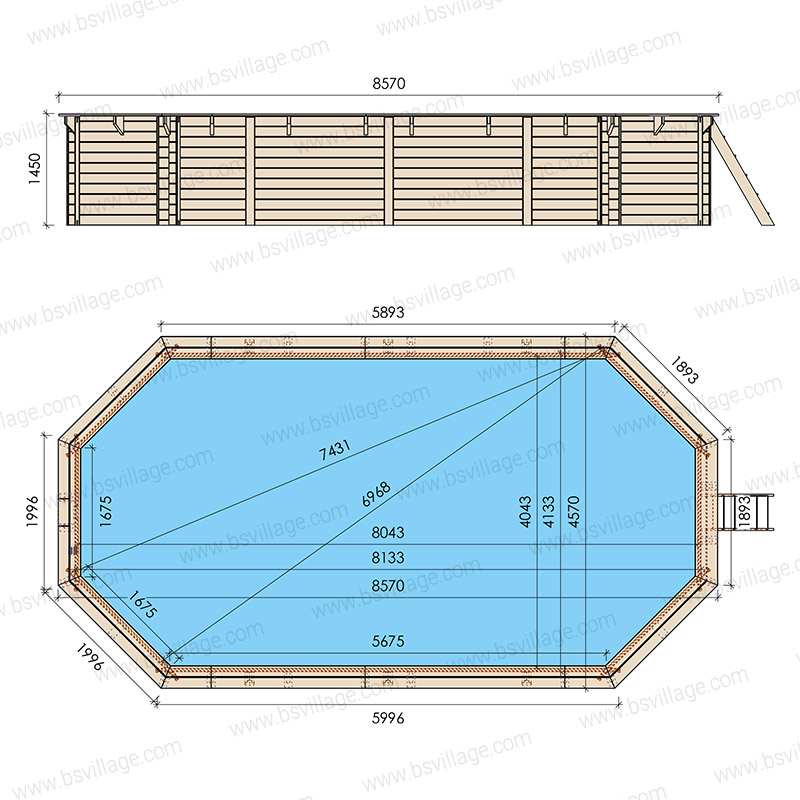 Dimensioni piscina in legno ottagonale allungata EcoWood