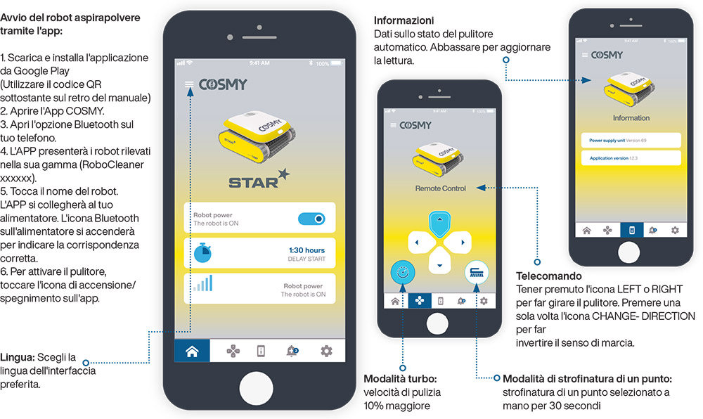 Robot per piscina Aquatron BWT COSMY STAR, controllo con applicazione