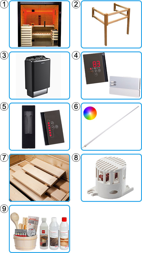 Materiale incluso sauna combinata finlandese e infrarossi FAMILY COMBI Large da 5 posti - KIT PRO