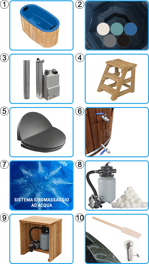 Materiale incluso tinozza idromassaggio in legno e vetroresina - KIT PRO