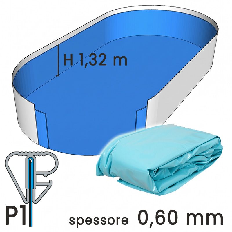 Liner per piscine ovali in lamiera di acciaio 7,30 X 3,66 X h. 1,32 - colore AZZURRO- spessore 0,60 mm